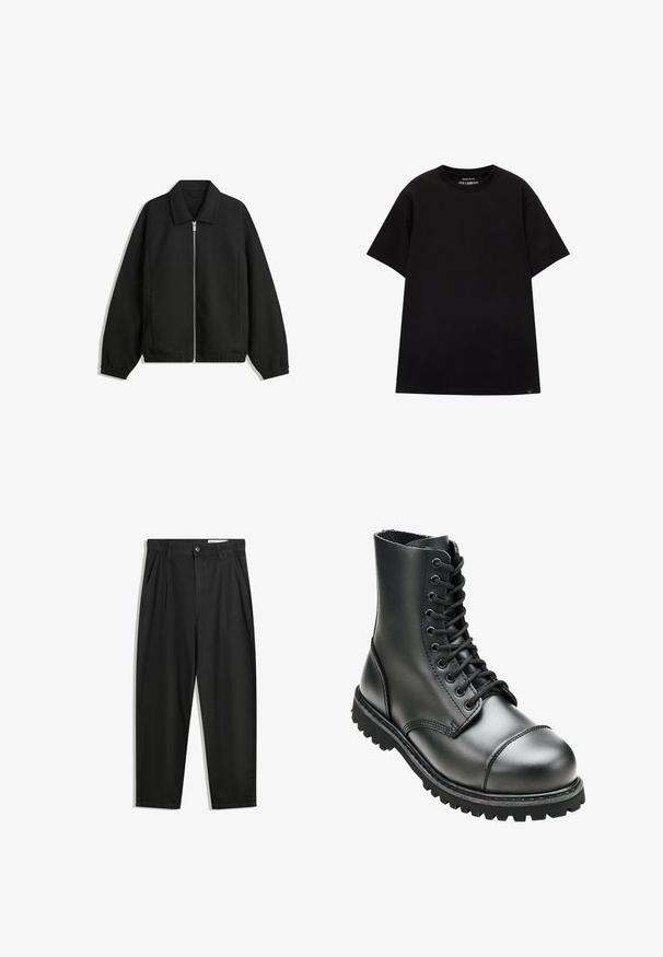 Černá bunda vyrobená z texturované látky, s plným předním zipem, límcem a elastickými manžetami, s volným střihem a bočními kapsami.; PULL&BEAR JOIN LIFE - Jednoduché tričko - black; Černé bavlněné kalhoty s uvolněným střihem, klasickým pasem, předními záhyby a bočními kapsami. Hladká textura bez vzorů.; Černá kožená bojová bota s vysokým kotníkem, kulatou špičkou, šněrováním v přední části a robustní gumovou podrážkou s hlubokým vzorem pro lepší přilnavost.