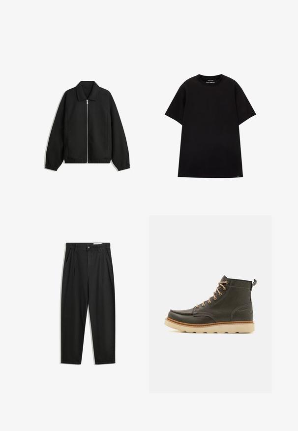 Crna jakna izrađena od teksturirane tkanine, s punim prednjim zatvaračem, ovratnikom i elastičnim manžetama, opuštenog kroja i bočnim džepovima.; PULL&BEAR JOIN LIFE - Osnovna majica kratkih rukava - black; Crne pamučne hlače s opuštenim krojem, s klasičnim pojasom, prednjim nabranjima i bočnim džepovima. Glatka tekstura bez uzoraka.; Tamnozeleni kožni čizmi do gležnjeva s bež vezicama, podstavljenim ovratnikom i teksturiranom gumenom potplatom. Sadrži vodoodbojne oznake i detalje šivanja.