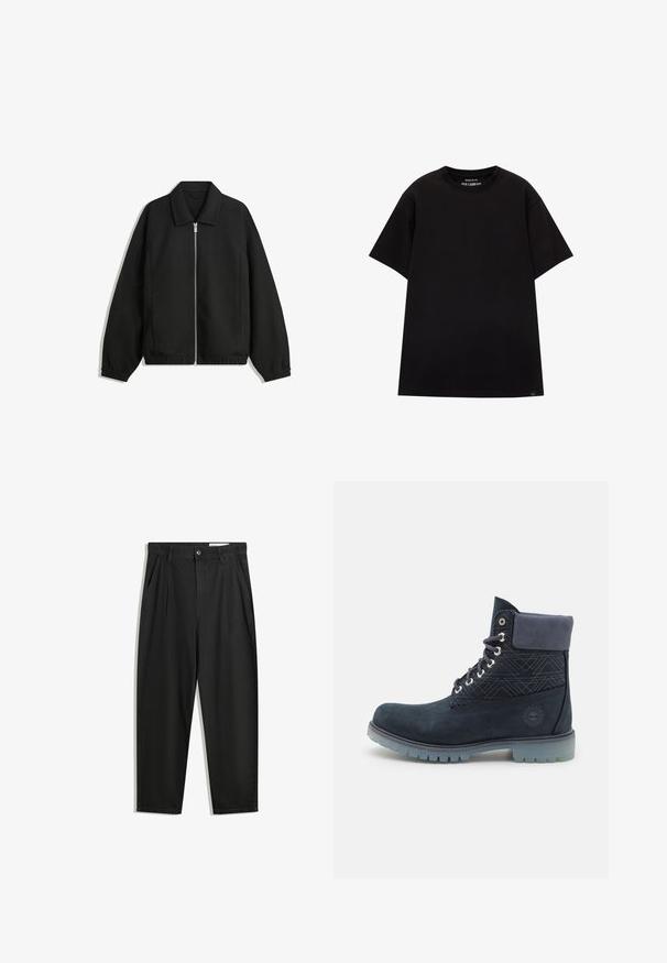 Černá bunda vyrobená z texturované látky, s plným předním zipem, límcem a elastickými manžetami, s volným střihem a bočními kapsami.; PULL&BEAR JOIN LIFE - Jednoduché tričko - black; Černé bavlněné kalhoty s uvolněným střihem, klasickým pasem, předními záhyby a bočními kapsami. Hladká textura bez vzorů.; Timberland Šněrovací kotníkové boty - navy