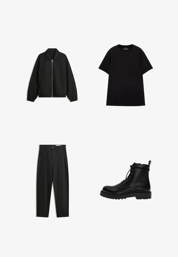 Crna jakna izrađena od teksturirane tkanine, s punim prednjim zatvaračem, ovratnikom i elastičnim manžetama, opuštenog kroja i bočnim džepovima.; PULL&BEAR JOIN LIFE - Osnovna majica kratkih rukava - black; Crne pamučne hlače s opuštenim krojem, s klasičnim pojasom, prednjim nabranjima i bočnim džepovima. Glatka tekstura bez uzoraka.; Crne kožne čizme do gležnjeva sa vezicama, sa debelim robusnim potplatom i petnom trakom.
