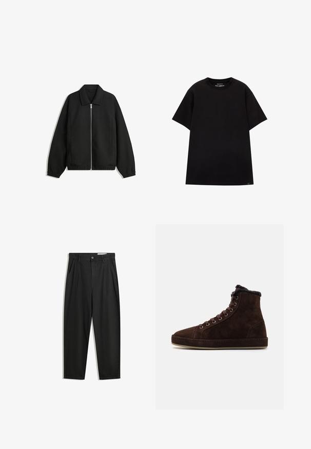 Fekete kabát texturált anyagból, teljes elöl cipzárral, gallérral és rugalmas mandzsettákkal, laza szabással és oldalsó zsebekkel.; PULL&BEAR JOIN LIFE - Basic póló - black; Fekete pamut nadrág laza szabással, klasszikus derékrésszel, elülső hajtásokkal és oldalsó zsebekkel. Simább textúra minta nélkül.; Barna suedet magas szárú sportcipők, fűzős elejükkel, kerek orrukkal, puha béléssel a gallérban és gumitalppal.