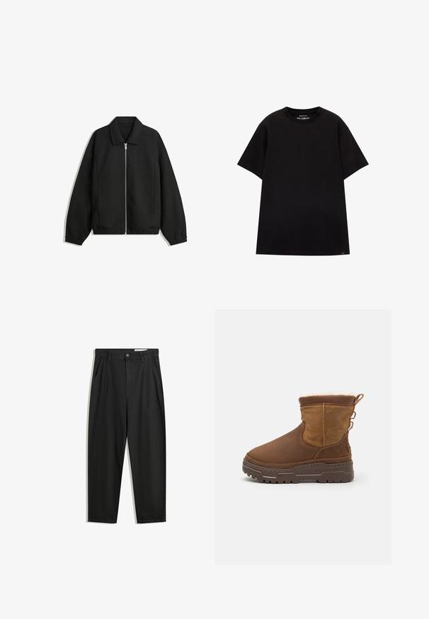 Musta takki, joka on valmistettu teksturoidusta kankaasta ja jossa on koko etuvetoketju, kaulus ja joustavat hihansuut. Takissa on rento istuvuus ja sivutaskut.; PULL&BEAR JOIN LIFE - T-paita - black; Mustat puuvillahousut rentoa mallia, joissa on klassinen vyötärö, etukangastukset ja sivutaskut. Sileä pinta ilman kuvioita.; Ruske suede gležnjače s mekanom krznenom podstavom, čvrstim gumiranim đonom i dekorativnim bočnim petljama za lakše obuvanje. Teksturirana završna obrada na gornjem dijelu.