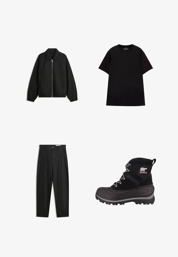 Jachetă neagră dintr-un material texturat, cu fermoar frontal complet, guler și manșete elastice, având o croială lejeră și buzunare laterale.; PULL&BEAR JOIN LIFE - Tricou basic - black; Pantaloni negri din bumbac cu croială lejeră, având un brâu clasic, plii frontale și buzunare laterale. Textură netedă fără modele.; Botă de iarnă neagră cu un superior din suede texturat, talpă din cauciuc, accesorii metalice și detalii cu logo. Dispune de un umăr înalt și un sistem de șireturi rezistent.