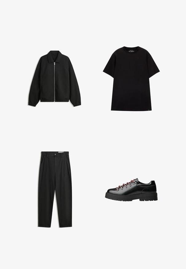 Giacca nera in tessuto texturizzato, con zip frontale a tutta lunghezza, colletto e polsini elasticizzati, dalla vestibilità rilassata e con tasche laterali.; PULL&BEAR JOIN LIFE - T-shirt basic - black; Pantaloni in cotone neri con una vestibilità rilassata, dotati di una vita classica, pieghe frontali e tasche laterali. Tessuto liscio senza fantasie.; Scarpa da escursionismo in pelle nera con lacci rossi e bianchi, grandi fori per i lacci e suola spessa e tassellata per aderenza e stabilità.