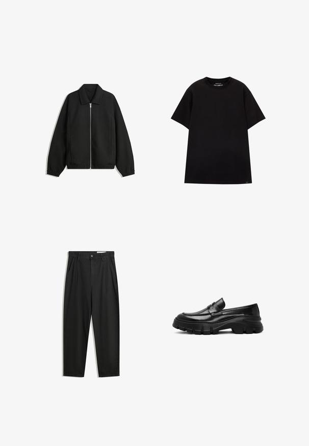 Black jacket made of textured fabric, featuring a full front zip, collar, and elastic cuffs with a relaxed fit and side pockets.; PULL&BEAR JOIN LIFE - Basic T-shirt - black; Black cotton trousers with a relaxed fit, featuring a classic waistband, front pleats, and side pockets. Smooth texture without patterns.; Black leather loafer with a thick, textured rubber sole, featuring a decorative band across the upper and a sleek, glossy finish.