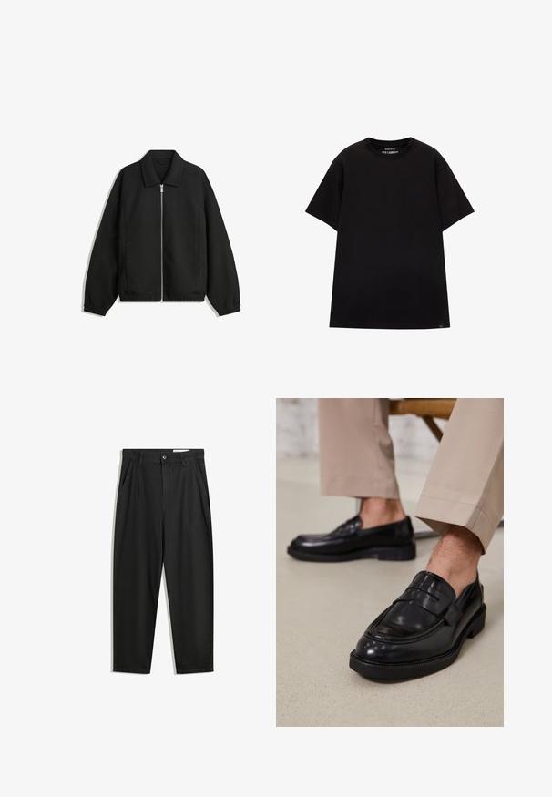 Fekete kabát texturált anyagból, teljes elöl cipzárral, gallérral és rugalmas mandzsettákkal, laza szabással és oldalsó zsebekkel.; PULL&BEAR JOIN LIFE - Basic póló - black; Fekete pamut nadrág laza szabással, klasszikus derékrésszel, elülső hajtásokkal és oldalsó zsebekkel. Simább textúra minta nélkül.; Fekete bőr loaferek sima felülettel, díszítő pánttal és kontrasztos varrással, bézs nadrággal párosítva.