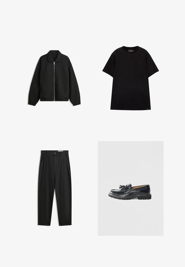 Fekete kabát texturált anyagból, teljes elöl cipzárral, gallérral és rugalmas mandzsettákkal, laza szabással és oldalsó zsebekkel.; PULL&BEAR JOIN LIFE - Basic póló - black; Fekete pamut nadrág laza szabással, klasszikus derékrésszel, elülső hajtásokkal és oldalsó zsebekkel. Simább textúra minta nélkül.; Fekete bőr mokaszin, hangsúlyos lapos talppal, varrott részletezéssel, bojt díszítéssel és sima felülettel.