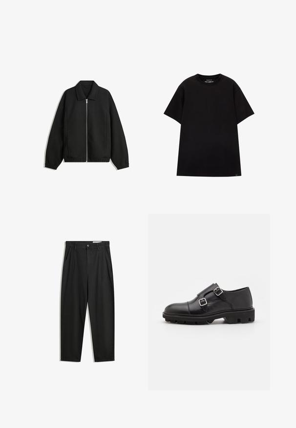 Giacca nera in tessuto texturizzato, con zip frontale a tutta lunghezza, colletto e polsini elasticizzati, dalla vestibilità rilassata e con tasche laterali.; PULL&BEAR JOIN LIFE - T-shirt basic - black; Pantaloni in cotone neri con una vestibilità rilassata, dotati di una vita classica, pieghe frontali e tasche laterali. Tessuto liscio senza fantasie.; Walk London FELIX MONK - Scarpe senza lacci - black