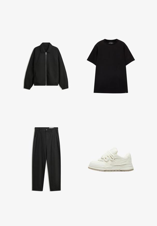 Jachetă neagră dintr-un material texturat, cu fermoar frontal complet, guler și manșete elastice, având o croială lejeră și buzunare laterale.; PULL&BEAR JOIN LIFE - Tricou basic - black; Pantaloni negri din bumbac cu croială lejeră, având un brâu clasic, plii frontale și buzunare laterale. Textură netedă fără modele.; Tenis alb cu o suprafață texturată și șireturi proeminente. Dispune de o talpă groasă, stratificată și accente de design subtile pe părți.