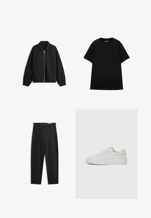 Čierna bunda vyrobená z textúrovaného materiálu, s plným predným zipsom, golierom a elastickými manžetami, so voľnejším strihom a bočnými vreckami.; PULL&BEAR JOIN LIFE - Základné tričko - black; Čierne bavlnené nohavice s voľným strihom, s klasickým pásom, prednými záhybmi a bočnými vreckami. Hladká textúra bez vzorov.; Biele kožené tenisky nízkoprofilového strihu s okrúhlou špičkou, plochou bielou gumovou podrážkou a minimalistickými detailmi šitia. Šnúrky zaistené cez šesť očiek.