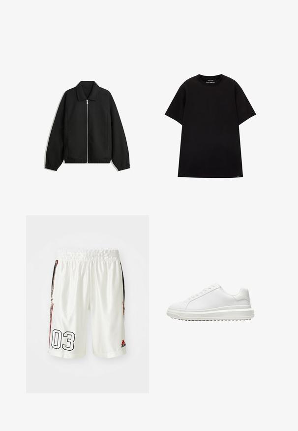 Črna jakna iz teksturirane tkanine, z dvostranskim zadrgo spredaj, ovratnikom in elastičnimi manšeti, sproščenega kroja in stranskimi žepi.; PULL&BEAR JOIN LIFE - Navadna majica - black; Bele športne kratke hlače z elastičnim pasom. Imajo velik črn odtis "03" in stranske panele z vzorčasto zasnovo. Prisoten je logotip Adidas.; Beli copati z gladkim sintetičnim zgornjim delom, okroglo konico, ravnim vezalkami, teksturiranim podplatom in slojevito platformo za dodatno višino.