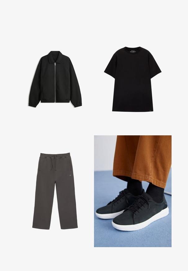 Zwarte jas van textuurstof, met een volledige rits aan de voorkant, een kraag, elastische manchetten, een ontspannen pasvorm en zijzakken.; PULL&BEAR JOIN LIFE - T-shirt basic - black; Grijze sweatpants met een elastische tailleband, trekkoord en zijzakken. Zachte stof, brede pijpen en subtiele logo-detail aan de zijkant.; Zwarte suède sneakers met witte rubberen zolen, voorzien van een vetersluiting ontwerp, textuuraccenten en subtiele branding, gedragen met bruine broeken.