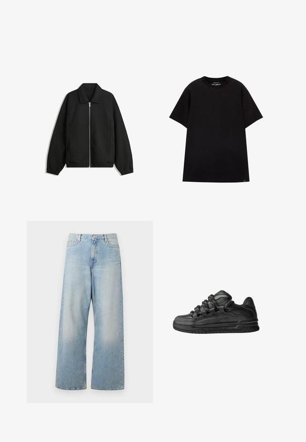 Zwarte jas van textuurstof, met een volledige rits aan de voorkant, een kraag, elastische manchetten, een ontspannen pasvorm en zijzakken.; PULL&BEAR JOIN LIFE - T-shirt basic - black; Lichtblauwe wijde jeans van denim, met een hoge taille, voorzakken en een vervaagde wasbeurt met subtiele slijtageplekken op de dijen.; Zwarte sneakers met een glad leren bovenwerk, gearceerde accenten en ronde zwart-witte veters. Dikke rubberen zool met een geprofileerd loopvlak.