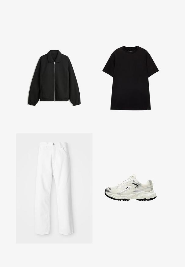 Czarna kurtka z teksturowanej tkaniny, z pełnym zamkiem z przodu, kołnierzem i elastycznymi mankietami, o luźnym kroju i kieszeniach po bokach.; PULL&BEAR - T-shirt basic; Białe dżinsy o prostym kroju nogawki, z zapięciem na guzik i suwak z przodu, pięcioma kieszeniami i gładkim, strukturalnym wykończeniem.; Białe sneakersy z siateczkową cholewką, srebrnymi akcentami, czarną podeszwą i teksturowanymi panelami. Posiadają sznurowaną konstrukcję oraz zaokrąglony kształt noska.