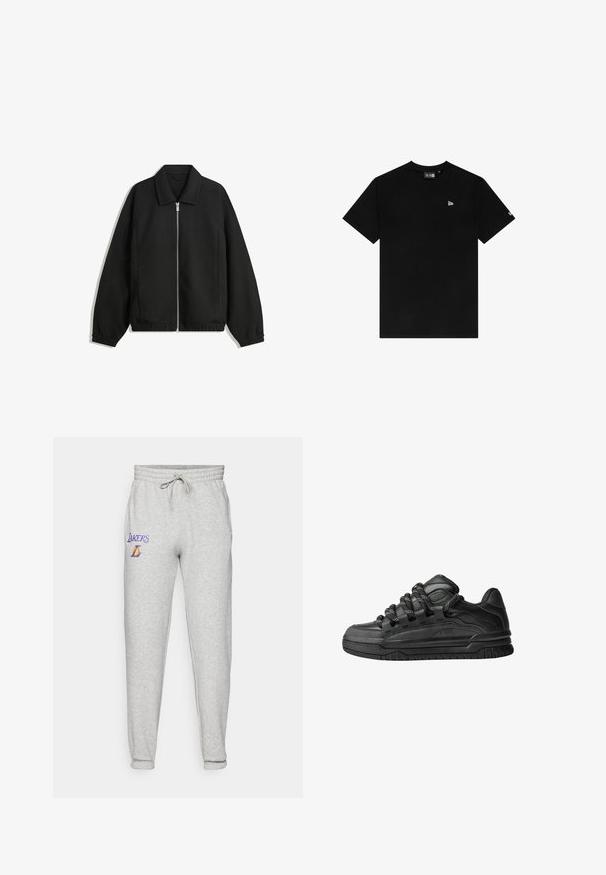 Svart jacka i strukturerad tyg, med full dragkedja framtill, krage och elastiska muddar, med en avslappnad passform och sidofickor.; Svart bomullströja med rund hals, korta ärmar, med en liten vit logotyp på vänster bröst och inga ytterligare mönster eller accenter.; Grå bomullssweatpants med elastisk midja, snörning och lila "Lakers"-logotyp och emblem på vänster lår.; Svarta sneakers med ovandel i slät läder, texturerade detaljer och runda svarta och vita snören. Tjock gummisula med ett mönstrat mönster.