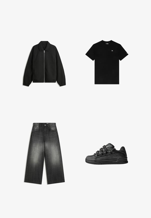 Črna jakna iz teksturirane tkanine, z dvostranskim zadrgo spredaj, ovratnikom in elastičnimi manšeti, sproščenega kroja in stranskimi žepi.; Črna bombažna majica s krožnim izrezom, kratkimi rokavi, ki ima majhen bel logotip na levem prsnem delu in brez dodatnih vzorcev ali dodatkov.; Široke jeans hlače v zbledeli črni barvi, s klasičnim pet-pocket dizajnom in rahlo teksturirano površino. Okrasni detajli iz kovine.; Črne superge z gladkim usnjenim zgornjim delom, teksturiranimi detajli in okroglimi črnimi ter belimi vezalkami. Debel gumijast podplat z vzorčastim profilom.