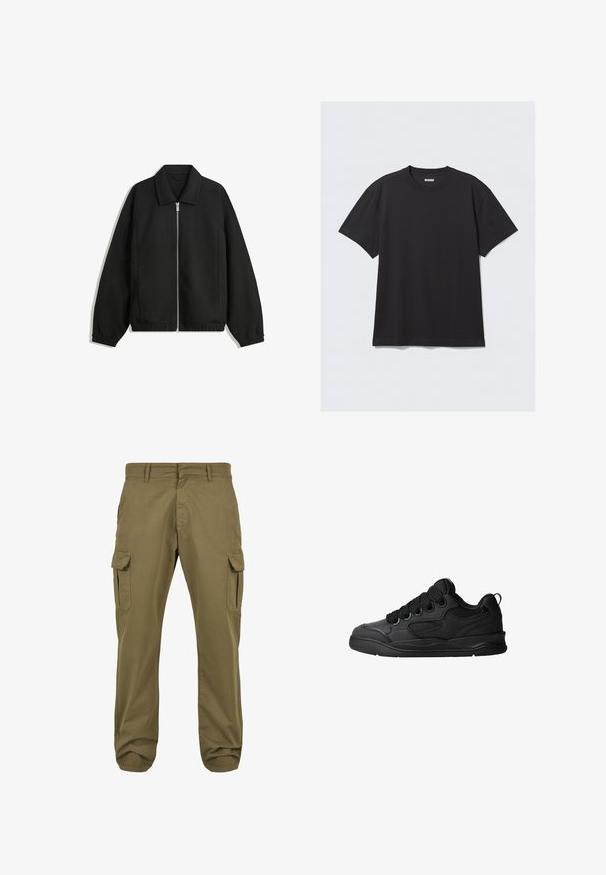 Fekete kabát texturált anyagból, teljes elöl cipzárral, gallérral és rugalmas mandzsettákkal, laza szabással és oldalsó zsebekkel.; Fekete, rövid ujjú póló, pamutból készült. Kerek nyakkivágással és laza szabással rendelkezik. Egyszerű dizájn, melyen nincsenek minták vagy díszítések.; Zöld cargo nadrág egyenes fazonnal, pamut anyagból, oldalsó zsebekkel és gombos záródással a funkcionalitás érdekében. Sima textúra, laza dizájn.; Fekete sportcipő texturált felsőrésszel, fűzőkkel, légáteresztő hálós részletekkel, párnázott bokarésszel és tartós talppal.