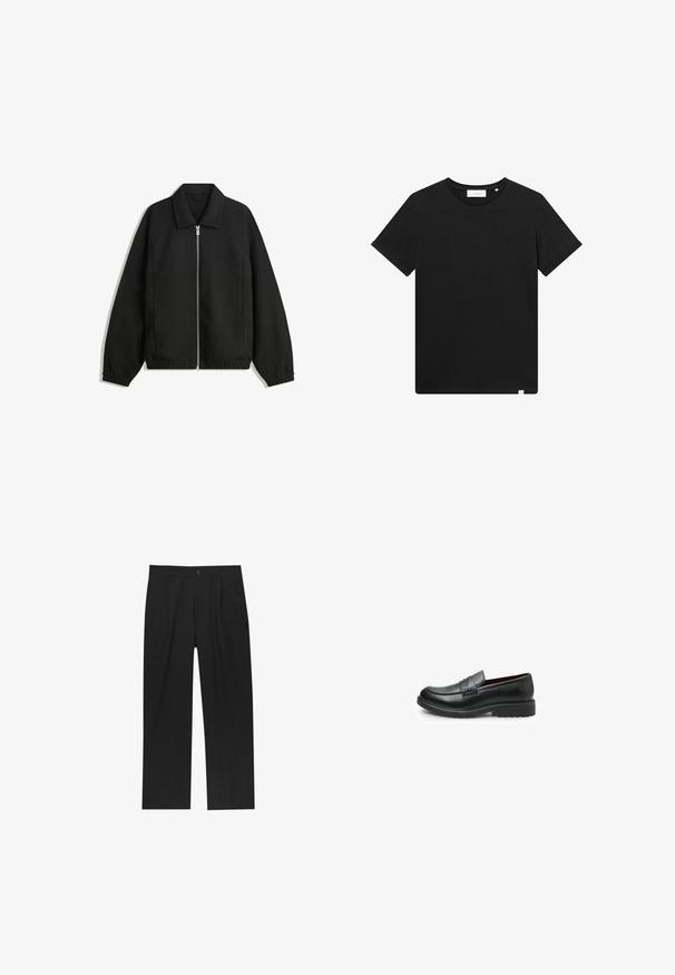 Fekete kabát texturált anyagból, teljes elöl cipzárral, gallérral és rugalmas mandzsettákkal, laza szabással és oldalsó zsebekkel.; Fekete rövid ujjú pamut póló, kerek nyakkal és egy kis géppel hímzett logóval a mellrészen. Sima tapintás, szabványos illeszkedés.; Fekete nadrág egyenes szárú kialakítással, sima anyagból készült. Elöl redők és egy gombos záródás található a derékon.; Bata Belebújós cipők - nero