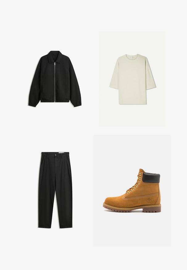 Musta takki, joka on valmistettu teksturoidusta kankaasta ja jossa on koko etuvetoketju, kaulus ja joustavat hihansuut. Takissa on rento istuvuus ja sivutaskut.; Vaaleanbeige ylivertain lyhythihainen T-paita, joka on valmistettu puuvillasekoitekankaasta; pyöreä pääntie, jossa on ompeluyksityiskohtia, rento istuvuus ja ilman kuvioita.; Mustat puuvillahousut rentoa mallia, joissa on klassinen vyötärö, etukangastukset ja sivutaskut. Sileä pinta ilman kuvioita.; Valkoinen nahkainen nilkkuri mustalla pehmustetulla kauluksella, kultaisilla metallisilla rei'illä, valkoisella ompeluksella ja jykevällä kumipohjalla, jossa on selvästi näkyvät urat.