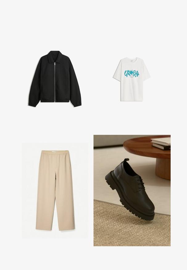 Black jacket made of textured fabric, featuring a full front zip, collar, and elastic cuffs with a relaxed fit and side pockets.; Bershka SHORT SLEEVE - Print T-shirt - white; Beige wide-leg pants with an elastic waistband, made of soft fabric, and featuring a smooth texture and minimal stitching details.; Black leather shoe with a textured surface, round toe, lace-up design, and a chunky black rubber sole. Floating above a woven rug.