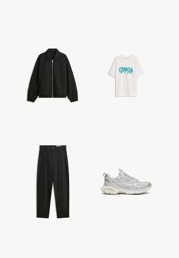 Fekete kabát texturált anyagból, teljes elöl cipzárral, gallérral és rugalmas mandzsettákkal, laza szabással és oldalsó zsebekkel.; Bershka SHORT SLEEVE - Nyomott mintás póló - white; Fekete pamut nadrág laza szabással, klasszikus derékrésszel, elülső hajtásokkal és oldalsó zsebekkel. Simább textúra minta nélkül.; Szürke sportcipő, hálós felsőrésszel, szintetikus borítással és vastag fehér talppal. Bélelt nyakkal és texturált díszítésekkel rendelkezik.