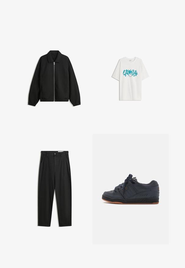 Musta takki, joka on valmistettu teksturoidusta kankaasta ja jossa on koko etuvetoketju, kaulus ja joustavat hihansuut. Takissa on rento istuvuus ja sivutaskut.; Bershka SHORT SLEEVE - Printtipaita - white; Mustat puuvillahousut rentoa mallia, joissa on klassinen vyötärö, etukangastukset ja sivutaskut. Sileä pinta ilman kuvioita.; Globe FUSION - Skeittikengät - phantom/burnt orange