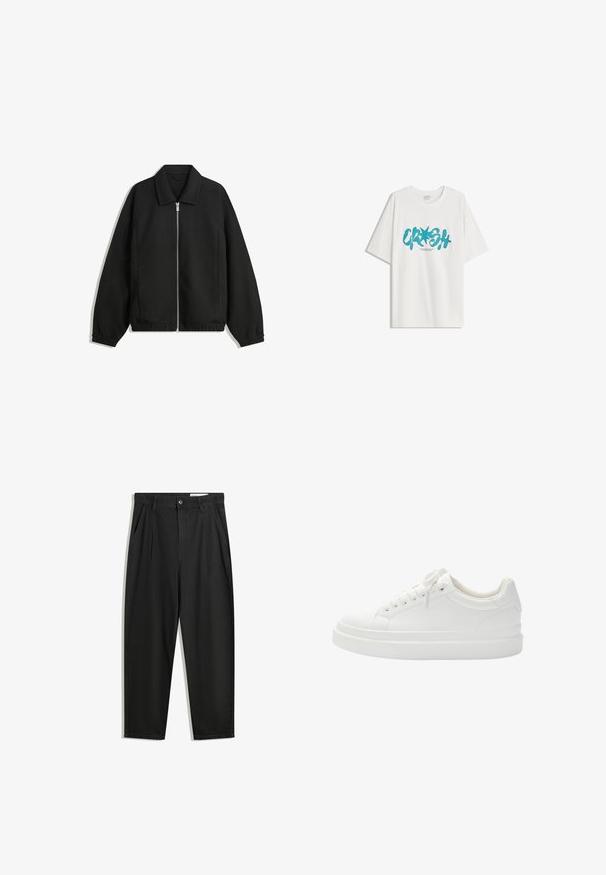 Giacca nera in tessuto texturizzato, con zip frontale a tutta lunghezza, colletto e polsini elasticizzati, dalla vestibilità rilassata e con tasche laterali.; Bershka SHORT SLEEVE - T-shirt con stampa - white; Pantaloni in cotone neri con una vestibilità rilassata, dotati di una vita classica, pieghe frontali e tasche laterali. Tessuto liscio senza fantasie.; Sneaker bianco in pelle con texture liscia, punta tonda, lati rinforzati e suola piattaforma. Presenta lacci piatti e cuciture minime.