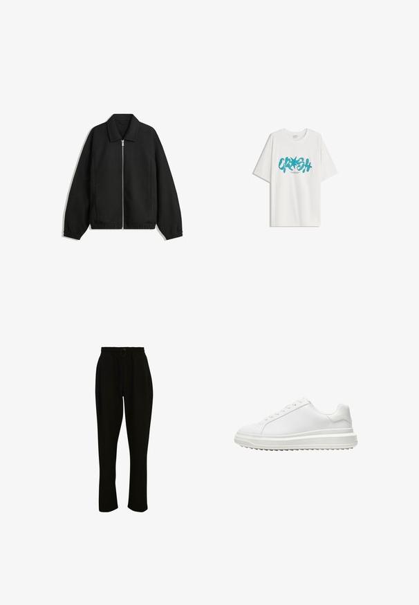 Black jacket made of textured fabric, featuring a full front zip, collar, and elastic cuffs with a relaxed fit and side pockets.; Bershka SHORT SLEEVE - Print T-shirt - white; Black, ribbed trousers with an elastic waistband, featuring a drawstring and wide legs. The fabric is soft with a smooth texture.; White sneaker with a smooth synthetic upper, round toe, flat laces, textured sole, and a layered, platform design for added height.