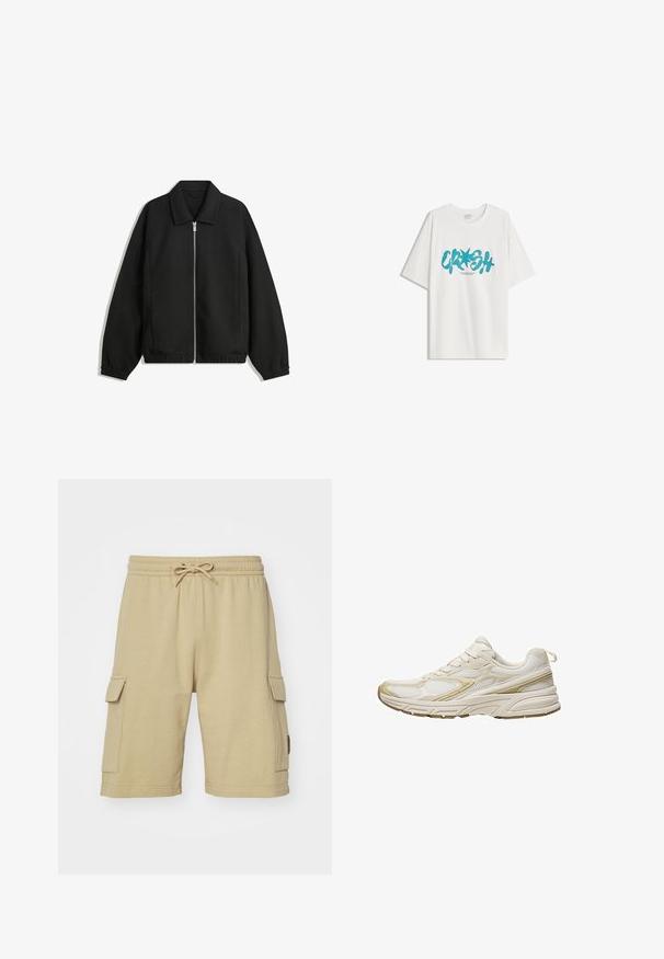 Giacca nera in tessuto texturizzato, con zip frontale a tutta lunghezza, colletto e polsini elasticizzati, dalla vestibilità rilassata e con tasche laterali.; Bershka SHORT SLEEVE - T-shirt con stampa - white; Pantaloni cargo beige in cotone con vita elasticizzata, cordoncino e tasche laterali. Tessuto morbido e design alla lunghezza del ginocchio.; Scarpe sportive bianche realizzate in mesh e materiale sintetico, con punta rotonda, suola ammortizzata e accenti beige sui lati.