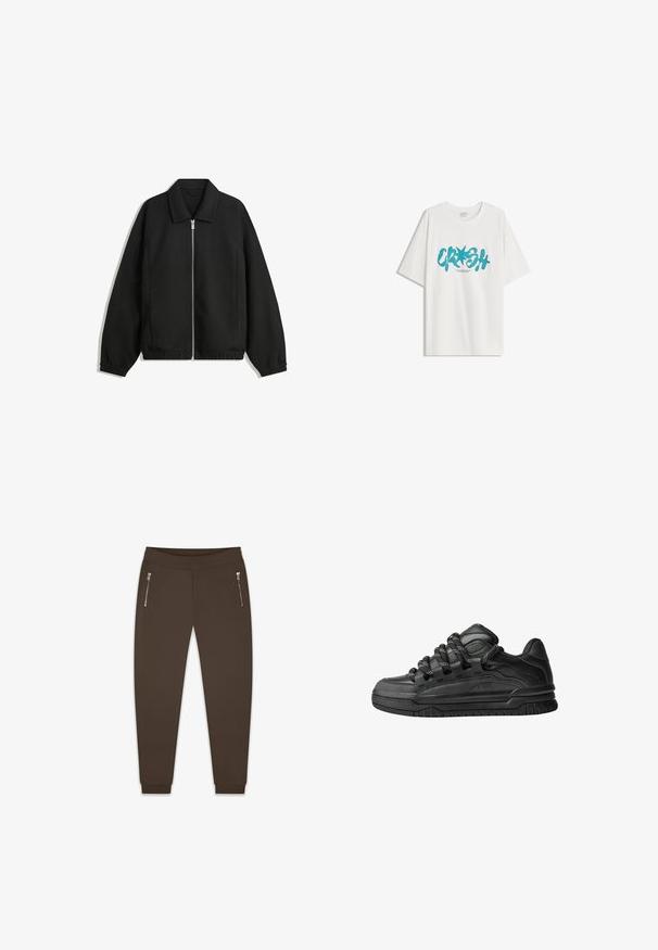 Czarna kurtka z teksturowanej tkaniny, z pełnym zamkiem z przodu, kołnierzem i elastycznymi mankietami, o luźnym kroju i kieszeniach po bokach.; Bershka - T-shirt z nadrukiem; Dropsize - Spodnie treningowe; Czarne sneakersy z gładką skórzaną cholewką, teksturowanymi akcentami i okrągłymi czarno-białymi sznurowadłami. Gruba gumowa podeszwa z wzorzystym bieżnikiem.