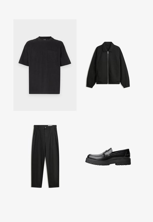 Črna jakna iz teksturirane tkanine, z dvostranskim zadrgo spredaj, ovratnikom in elastičnimi manšeti, sproščenega kroja in stranskimi žepi.; Črna kratkosleeve majica iz bombaža, z okroglim izrezom in enim žepom na prsih z teksturirano površino. Preprost dizajn.; Črne bombažne hlače s sproščenim krojem, ki vključujejo klasičen pas, sprednje gube in stranske žepke. Gladka tekstura brez vzorcev.; Črne usnjene loafersice s debelim profiliranim podplatom in dekorativnim pasom čez zgornji del, prikazane v levem stranskem profilu na beli podlagi.