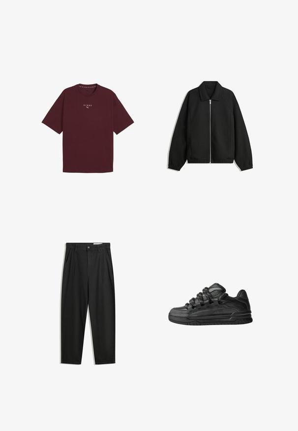Sort jakke lavet af struktureret stof, med fuld frontlynlås, krave og elastiske mansjetter, i en afslappet pasform og sidelommer.; Burgunderfarvet bomulds T-shirt med rund halsudskæring, korte ærmer og hvid "HYROX" logo på brystet. Casual pasform med en glat tekstur.; Sorte bomuldsbukser med en afslappet pasform, der har en klassisk talje, frontfolder og sidelommer. Glat tekstur uden mønstre.; Sorte sneakers med en glat læderoverdel, teksturerede accenter og runde sorte og hvide snørebånd. Tyk gummisål med et mønstret slidbanemønster.