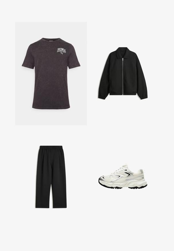 Black jacket made of textured fabric, featuring a full front zip, collar, and elastic cuffs with a relaxed fit and side pockets.; Black short-sleeve T-shirt made of cotton, featuring a distressed finish and a white printed "PUMA sports club" logo on the chest.; Black wide-leg pants with elastic waistband and side pockets, displayed flat on a white background.; White sneaker with a mesh upper, silver accents, black sole, and textured panels. Features lace-up design and rounded toe shape.