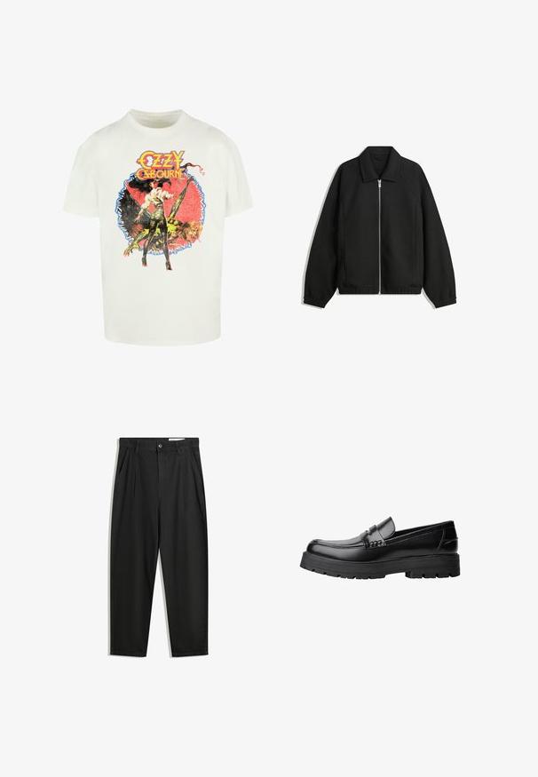 Černá bunda vyrobená z texturované látky, s plným předním zipem, límcem a elastickými manžetami, s volným střihem a bočními kapsami.; Bílý bavlněný tričko s barevným grafickým potiskem ženy a tvora s textem "Ozzy Osbourne" v tučných, stylizovaných písmenech.; Černé bavlněné kalhoty s uvolněným střihem, klasickým pasem, předními záhyby a bočními kapsami. Hladká textura bez vzorů.; Černé kožené mokasíny s masivní podrážkou a dekoračním páskem přes horní část, zobrazené v levém bočním profilu na bílém pozadí.