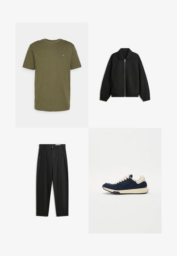 Musta takki, joka on valmistettu teksturoidusta kankaasta ja jossa on koko etuvetoketju, kaulus ja joustavat hihansuut. Takissa on rento istuvuus ja sivutaskut.; Oliivinvihreä puuvillapaita, jossa on lyhyet hihat, pyöreä pääntie ja pieni brodeerattu logo yksityiskohta rinnassa. Silkkinen pinta, rento muotoilu.; Mustat puuvillahousut rentoa mallia, joissa on klassinen vyötärö, etukangastukset ja sivutaskut. Sileä pinta ilman kuvioita.; Tummansininen lenkkari, jossa on teksturoitu samettipinta, kermahenkiset nauhat ja beige välipohja. Ominaisuuksina klassinen urheilukenkämuotoilu ja kumipohja.