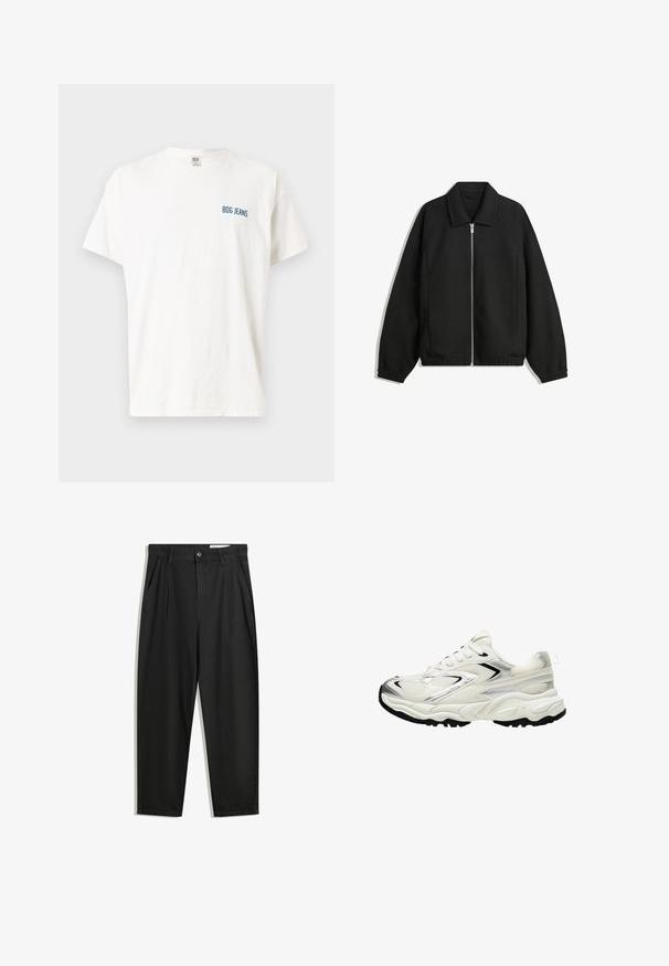 Svart jacka i strukturerad tyg, med full dragkedja framtill, krage och elastiska muddar, med en avslappnad passform och sidofickor.; Vit bomullströja med kort ärm, med en liten blå "BDG JEANS"-logotyp på vänster bröst. Standard rundad halsringning.; Svarta bomullsshorts med avslappnad passform, med en klassisk midja, framveck och sidfickor. Slät textur utan mönster.; Vit sneakers med ett mesh-övre, silverdetaljer, svart sula och texturerade paneler. Har snörningsdesign och rund tåform.