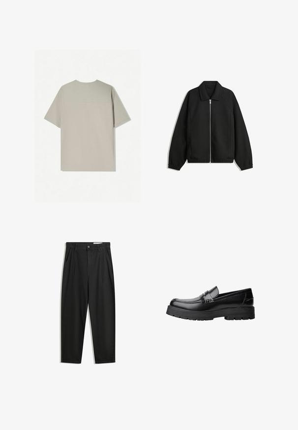 Black jacket made of textured fabric, featuring a full front zip, collar, and elastic cuffs with a relaxed fit and side pockets.; Beige cotton t-shirt with short sleeves. Features a simple design and a round neckline. Smooth texture with minimal stitching on the back.; Black cotton trousers with a relaxed fit, featuring a classic waistband, front pleats, and side pockets. Smooth texture without patterns.; Black leather loafer with chunky treaded sole and decorative strap across the upper, shown in left side profile on white background.