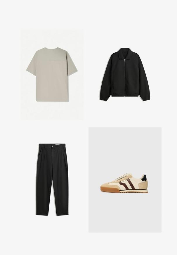 Černá bunda vyrobená z texturované látky, s plným předním zipem, límcem a elastickými manžetami, s volným střihem a bočními kapsami.; Béžové bavlněné tričko s krátkým rukávem. Má jednoduchý design a kulatý výstřih. Hladká textura s minimálním šitím na zadní straně.; Černé bavlněné kalhoty s uvolněným střihem, klasickým pasem, předními záhyby a bočními kapsami. Hladká textura bez vzorů.; GANT BAYLLE - Tenisky - sand