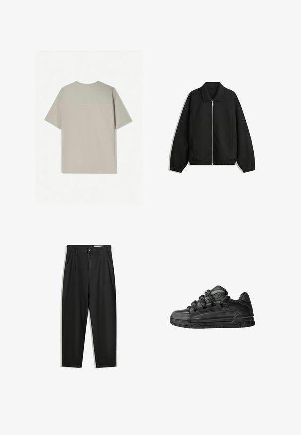 Czarna kurtka z teksturowanej tkaniny, z pełnym zamkiem z przodu, kołnierzem i elastycznymi mankietami, o luźnym kroju i kieszeniach po bokach.; Beżowa bawełniana koszulka z krótkimi rękawami. Posiada prosty wzór i okrągły dekolt. Gładka tekstura z minimalnym przeszyciem z tyłu.; Czarne bawełniane spodnie o luźnym kroju, z klasycznym pasem, przednimi plisy oraz bocznymi kieszeniami. Gładka struktura, bez wzorów.; Czarne sneakersy z gładką skórzaną cholewką, teksturowanymi akcentami i okrągłymi czarno-białymi sznurowadłami. Gruba gumowa podeszwa z wzorzystym bieżnikiem.