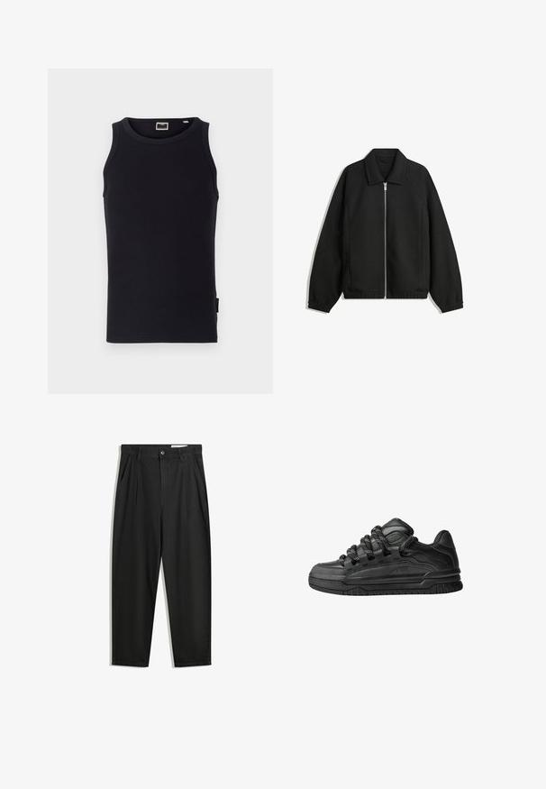 Sort jakke lavet af struktureret stof, med fuld frontlynlås, krave og elastiske mansjetter, i en afslappet pasform og sidelommer.; Sort ærmeløs tanktop lavet af bomuld, med ribbet tekstur, rund hals og et lille sideetiket. Enkel, tætsiddende design.; Sorte bomuldsbukser med en afslappet pasform, der har en klassisk talje, frontfolder og sidelommer. Glat tekstur uden mønstre.; Sorte sneakers med en glat læderoverdel, teksturerede accenter og runde sorte og hvide snørebånd. Tyk gummisål med et mønstret slidbanemønster.