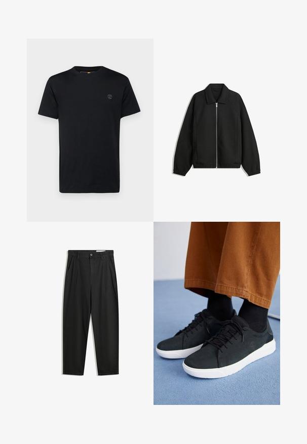 Schwarze Jacke aus strukturiertem Stoff, mit vollem Reißverschluss auf der Vorderseite, Kragen und elastischen Manschetten, im entspannten Schnitt und mit seitlichen Taschen.; Schwarzes Baumwoll-T-Shirt mit Rundhalsausschnitt, kurzen Ärmeln und einem kleinen, gestickten Logo auf der Brust. Glatte Textur, klassischer Schnitt.; Schwarze Baumwollhose mit lockerem Schnitt, ausgestattet mit einem klassischen Bund, vorderen Falten und Seiten taschen. Glatte Textur ohne Muster.; Schwarze Wildleder-Sneaker mit weißen Gummisohlen, mit Schnürdesign, strukturierten Akzenten und dezentem Branding, kombiniert mit braunen Hosen.