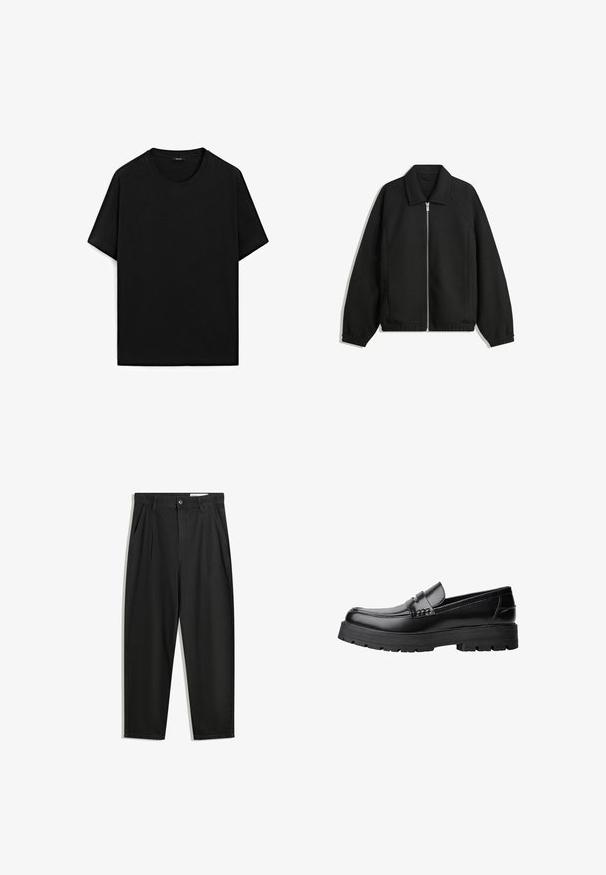 Sort jakke lavet af struktureret stof, med fuld frontlynlås, krave og elastiske mansjetter, i en afslappet pasform og sidelommer.; Sort kortærmet t-shirt lavet af bomuld med rund halsudskæring, som har en glat tekstur og et enkelt design. Ingen synlig branding.; Sorte bomuldsbukser med en afslappet pasform, der har en klassisk talje, frontfolder og sidelommer. Glat tekstur uden mønstre.; Sort læderloafer med kraftig sål og dekorativ rem henover, vist i venstre sideprofil på hvid baggrund.