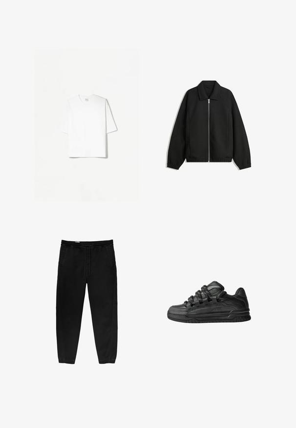 Czarna kurtka z teksturowanej tkaniny, z pełnym zamkiem z przodu, kołnierzem i elastycznymi mankietami, o luźnym kroju i kieszeniach po bokach.; Biała bawełniana koszulka o luźnym kroju, z krótkimi rękawami, okrągłym dekoltem i prostym wykończeniem. Gładka struktura, bez wzorów i ozdób.; Czarne spodnie z elastycznym paskiem i sznurkiem, zwężane nogawki, boczne kieszenie oraz subtelne detale szwów po bokach. Miękka bawełniana tkanina.; Czarne sneakersy z gładką skórzaną cholewką, teksturowanymi akcentami i okrągłymi czarno-białymi sznurowadłami. Gruba gumowa podeszwa z wzorzystym bieżnikiem.