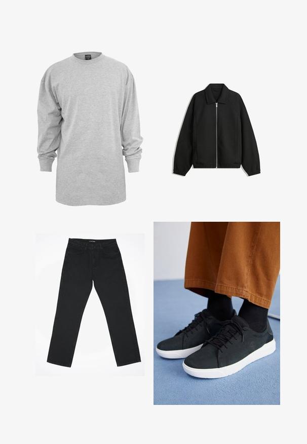 Black jacket made of textured fabric, featuring a full front zip, collar, and elastic cuffs with a relaxed fit and side pockets.; Light gray long-sleeve t-shirt made of cotton blend fabric. Features a crew neckline and loose fit with ribbed cuffs, no patterns or accents.; Black denim jeans with a straight leg design, five pockets, and a classic waistband. The fabric has a smooth texture and minimal detailing.; Black suede sneakers with white rubber soles, featuring lace-up design, textured accents, and subtle branding, paired with brown pants.