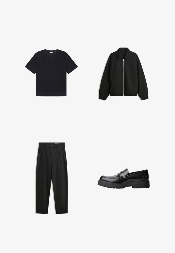 Czarna kurtka z teksturowanej tkaniny, z pełnym zamkiem z przodu, kołnierzem i elastycznymi mankietami, o luźnym kroju i kieszeniach po bokach.; Czarna koszulka z krótkim rękawem wykonana z teksturowanego materiału, z okrągłym dekoltem i prostym wykończeniem. Brak widocznych wzorów lub akcentów.; Czarne bawełniane spodnie o luźnym kroju, z klasycznym pasem, przednimi plisy oraz bocznymi kieszeniami. Gładka struktura, bez wzorów.; Czarne skórzane mokasyny z grubą, bieżnikowaną podeszwą i dekoracyjnym paskiem na górze, pokazane w lewym profilu na białym tle.