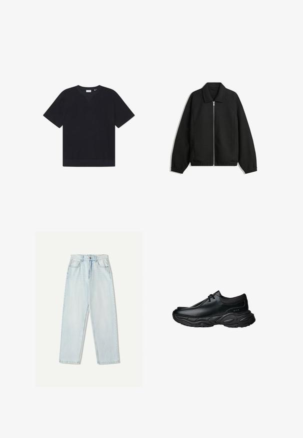 Schwarze Jacke aus strukturiertem Stoff, mit vollem Reißverschluss auf der Vorderseite, Kragen und elastischen Manschetten, im entspannten Schnitt und mit seitlichen Taschen.; Schwarzes, kurzärmliges T-Shirt aus strukturiertem Material, mit Rundhalsausschnitt und geradem Saum. Keine sichtbaren Muster oder Akzente.; Helle blaue Denim-Jeans mit lässiger Passform, geradem Beindesign, Fünf-Taschen-Stil und dezentem Verblassen des Stoffes.; Schwarze Leder-Slipper mit runder Spitze und dicker, strukturiertem Gummisohle. Besitzt dezente Nähte und elastische Akzente am Schaft.