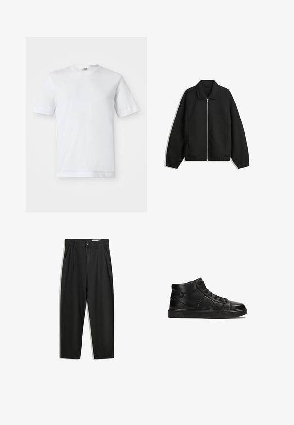 Giacca nera in tessuto texturizzato, con zip frontale a tutta lunghezza, colletto e polsini elasticizzati, dalla vestibilità rilassata e con tasche laterali.; T-shirt bianco in cotone con maniche corte, scollatura rotonda e una texture liscia. Non sono visibili motivi o accenti.; Pantaloni in cotone neri con una vestibilità rilassata, dotati di una vita classica, pieghe frontali e tasche laterali. Tessuto liscio senza fantasie.; Sneaker high-top nera in pelle liscia con finitura testurizzata, caratterizzata da chiusura con lacci e una robusta suola in gomma.