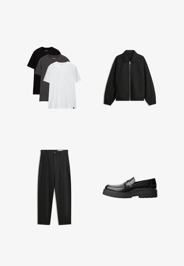 Črna jakna iz teksturirane tkanine, z dvostranskim zadrgo spredaj, ovratnikom in elastičnimi manšeti, sproščenega kroja in stranskimi žepi.; Tri običajne majice v pravem kroju, zložene ena na drugo. Barve: črna, temno siva in bela. Bombažni material s kratkimi rokavi in krojnimi ovratniki. Minimalno označevanje.; Črne bombažne hlače s sproščenim krojem, ki vključujejo klasičen pas, sprednje gube in stranske žepke. Gladka tekstura brez vzorcev.; Črne usnjene loafersice s debelim profiliranim podplatom in dekorativnim pasom čez zgornji del, prikazane v levem stranskem profilu na beli podlagi.