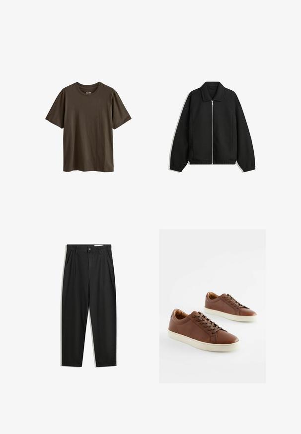 Crna jakna izrađena od teksturirane tkanine, s punim prednjim zatvaračem, ovratnikom i elastičnim manžetama, opuštenog kroja i bočnim džepovima.; Tamno smeđa pamučna majica s kratkim rukavima i okruglim izrezom. Glatka tekstura, jednostavan dizajn, bez vidljivih uzoraka ili akcenata.; Crne pamučne hlače s opuštenim krojem, s klasičnim pojasom, prednjim nabranjima i bočnim džepovima. Glatka tekstura bez uzoraka.; Smeđe kožne tenisice s glatkom teksturom, bijelim gumenim potplatima i odgovarajućim smešnim vezicama. Dizajn s zaobljenim prstom uz minimalne detalje šivanja.