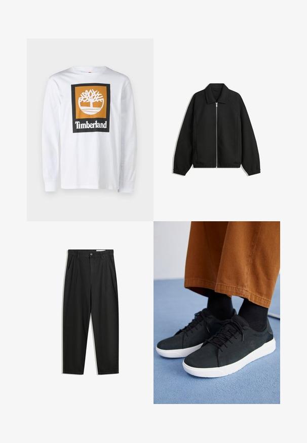 Black jacket made of textured fabric, featuring a full front zip, collar, and elastic cuffs with a relaxed fit and side pockets.; Timberland COLORED LONG SLEEVE TEE - Long sleeved top - white; Black cotton trousers with a relaxed fit, featuring a classic waistband, front pleats, and side pockets. Smooth texture without patterns.; Black suede sneakers with white rubber soles, featuring lace-up design, textured accents, and subtle branding, paired with brown pants.